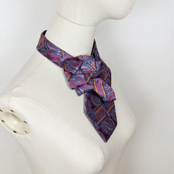 Women's Modern Magenta Paisley Ascot Tie Made From A Repurposed Silk Necktie - Picture 3 of 8